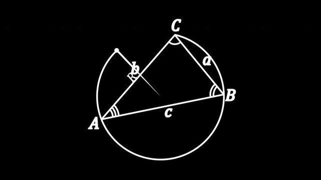 An animation of the law of sines for a triangle, showing a random triangle with sides and angles between them, a circumscribed circle, and a formula for the lengths and angles of the triangle.