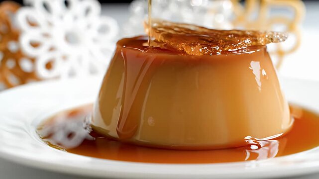 Caramel flan pudding with golden syrup on white plate.