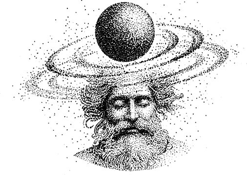 Bearded man with planet and rings orbiting above head