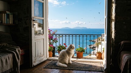 Fototapeta premium White long haired cat sitting on rug by open doorway leading to balcony with sea view. indoor coastal interior with potted flowers, wooden floor and bright morning light creating calm mood.