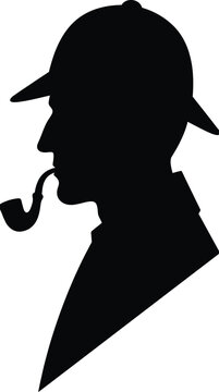 Detective silhouette vector illustration, black design showing iconic figure in deerstalker hat smoking pipe symbolizing mystery and investigation