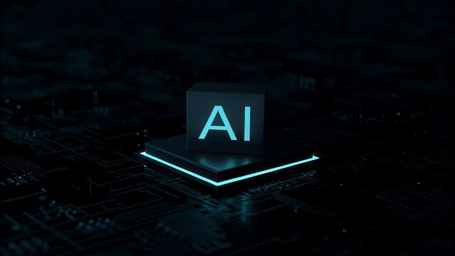 Artificial Intelligence hardware concept. Glowing blue brain circuit on microchip on computer motherboard. For big data processing, ai trading, machine learning