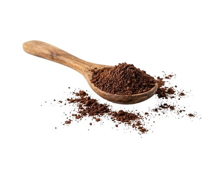 Organic Cocoa Powder in Wooden Spoon Isolated on White Background
