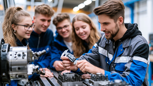 Vocational college instructor demonstrating precision measurement tool use to apprentice group beside working milling machine, factory based learning program, manufacturing skills pipeline developme
