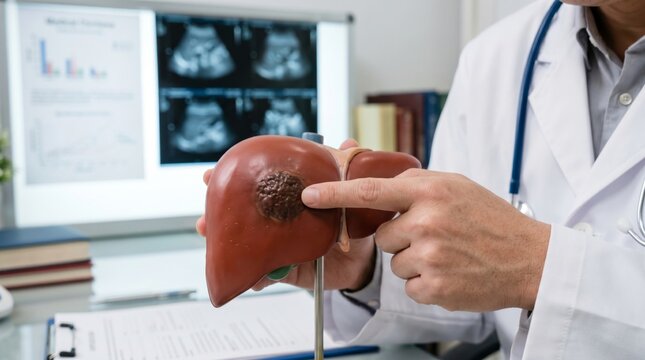 Doctor holding a liver model with a tumor to explain diagnosis and treatment to a patient. Medical professional analyzing anatomy for clinical education and oncology consultation.