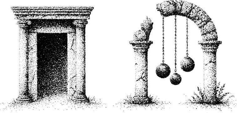 Ancient stone doorway and arch with hanging spheres