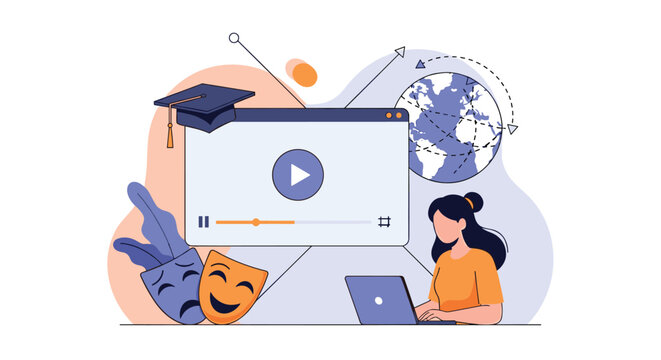 Creative student watching online drama or theatre course on computer screen, featuring tragedy and comedy masks with global learning symbols.