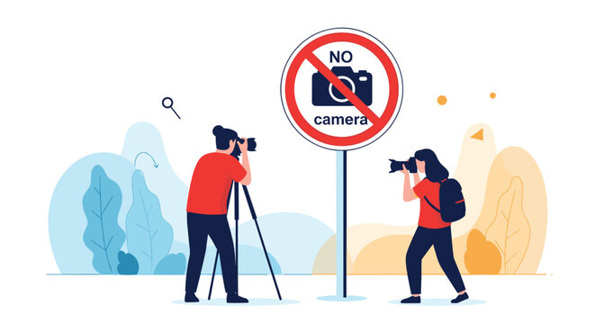 Group of photographers ignoring a no camera prohibited sign while taking professional photos in a park with tripods and lenses.