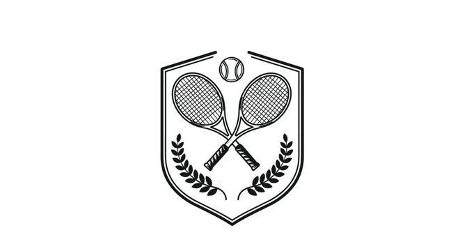 Professional tennis club logo emblem featuring crossed rackets and a ball inside a shield with a decorative laurel wreath.