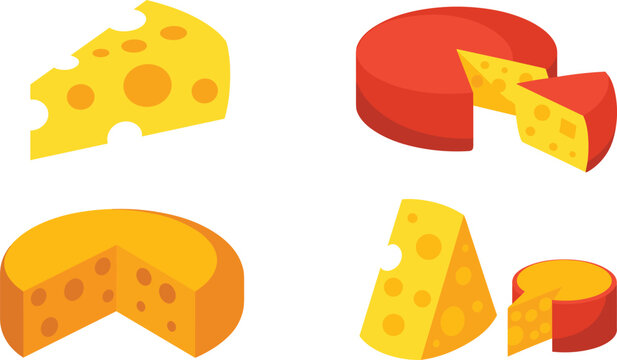 Swiss Cheese Triangles and Whole Gourmet Cheese Wheels Icon Set, Yellow Dairy Food Products Vector Illustration for Restaurant Menus, Market Banners, and Culinary Apps