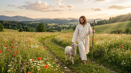 Fototapeta premium Jesus Christ walking with a small lamb in a blooming meadow. Man in robes guiding a sheep on a sunny day. Biblical scene and Christian spirituality concept. Religious faith and peace.