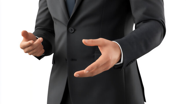 Business person in a suit making a presentation with hands extended in an office setting during a daytime meeting