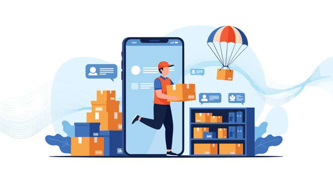 Courier delivers package from large smartphone screen next to warehouse shelves and parachute bringing boxes from sky.