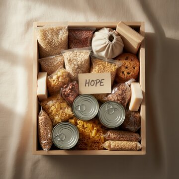 Donation box containing non-perishable food items and hygiene supplies with a hope sign