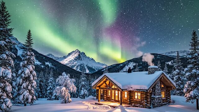 Cozy wooden log cabin with warm light in windows situated in a snowy winter mountain landscape under a bright green and purple Aurora Borealis display and starry night sky.