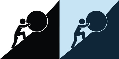 Man, pushing boulder, uphill icon, struggle effort concept representing perseverance strength challenge and hard work motivation. © Eva Elrod