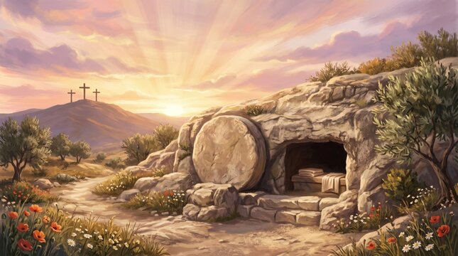 Empty tomb of Jesus Christ with stone rolled away at sunrise. Three crosses on hill in background. Religious Easter celebration concept illustrating resurrection and Christian faith.