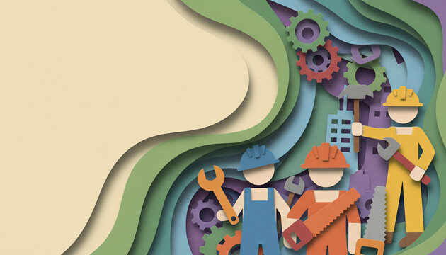 Paper cut style illustration of industrial workers, tools and machinery emerging from layered abstract shapes, representing teamwork, engineering, construction and workforce development.