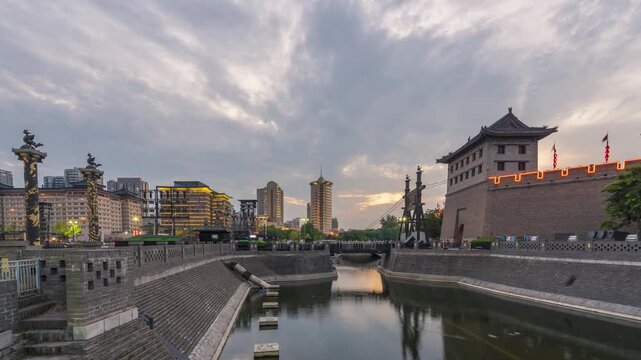 Xi'an Ancient City Wall and Canal at Sunset in China in Xi an, China