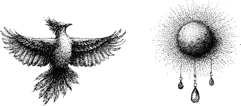 Phoenix style bird rising beside radiant sun orb with droplets