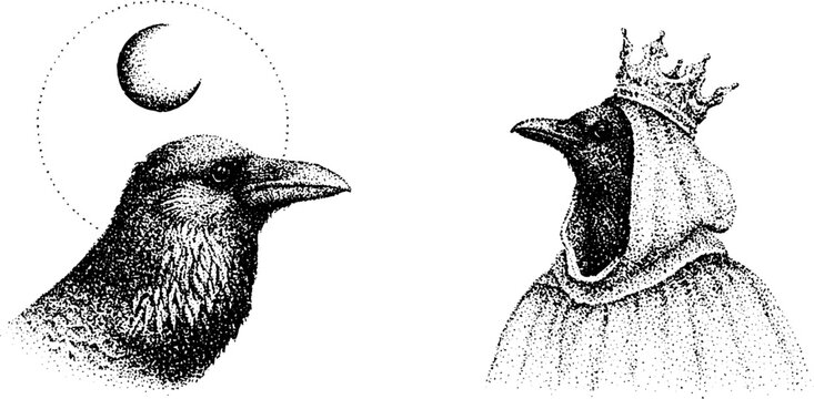 Two crows facing each other with crowned hooded figure on white background