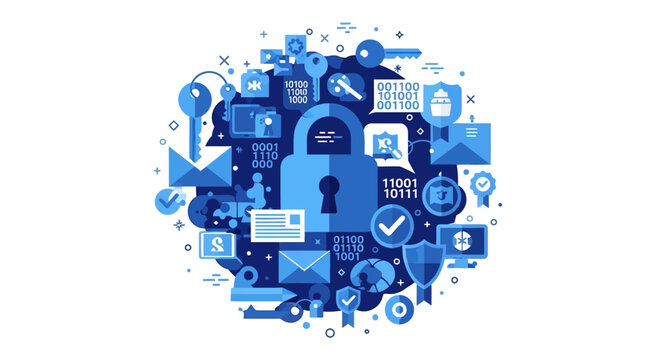 Cybersecurity and Data Protection Concept Illustration with Padlock, Binary Code and Digital Safety Icons