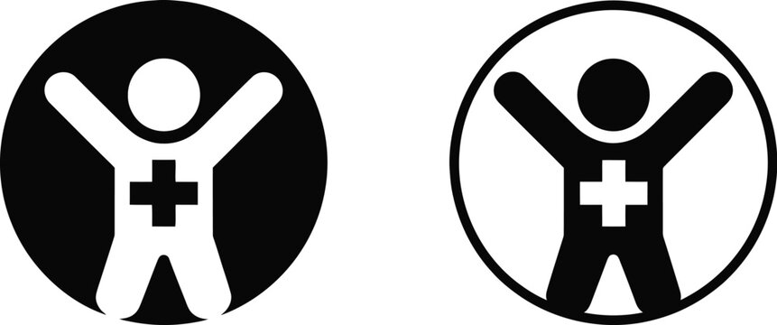Medical, icon with smiling person and cross symbol representing health care wellness recovery and positive medical treatment concept design.