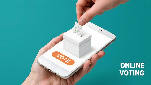 Online voting concept with hand holding smartphone and inserting ballot into virtual box on screen