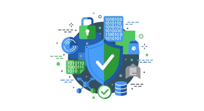 Cybersecurity and Data Protection Flat Vector Illustration with Shield, Padlock, and Binary Code for Digital Privacy and Network Security Concept