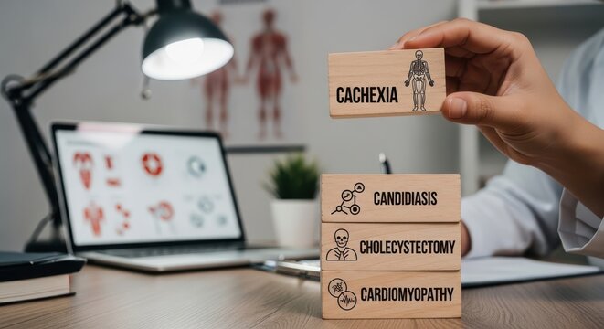 A persons hand holding a wooden block with cachexia on a desk with medical terms