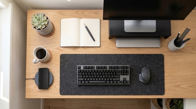 Modern minimalist home office desk setup with computer monitor keyboard mouse coffee plant and notebook