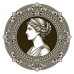 Golden vintage emblem with classical woman profile portrait. © Tuki