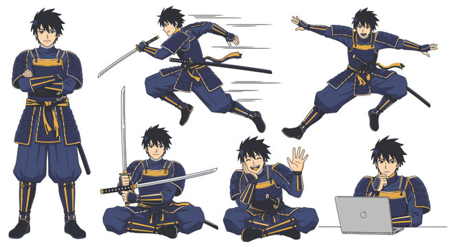 Black ninja mascot character set in various action poses.