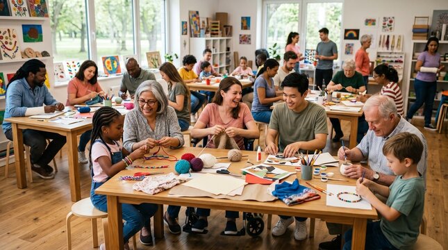 Diverse group of people of all ages enjoying a creative art class together indoors