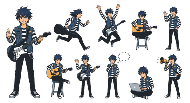 Anime boy character sprite sheet with various activities.