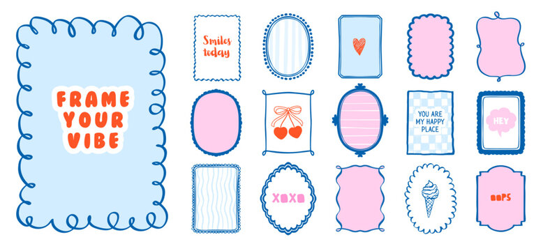  Whimsical doodle frames with cute borders for wedding invitations, vintage oval shapes, decorative girly designs, fun hand-drawn elements, simple vector illustrations.