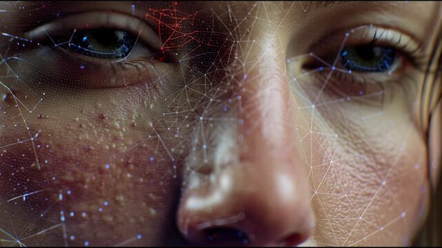 Close up of a young womans face with visible skin imperfections and makeup.