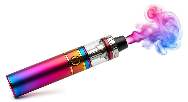 Iridescent vape pen exhaling multi-colored smoke with e cigarette vaporizer gradient iridescent e-cigarette electronic nicotine colorful isolated background lifestyle personal addiction