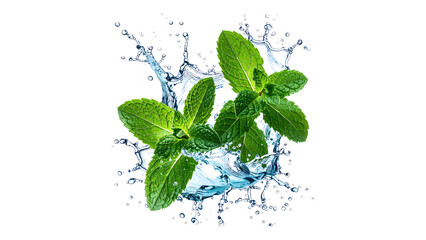 Realistic fresh mint leaves with water splash isolated on transparent background © Dilshad