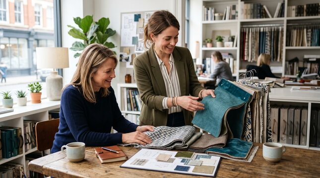 Two women interior designers collaborating in a studio selecting fabric swatches and samples for a project