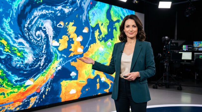 Professional female meteorologist presenting weather forecast on a large screen showing a storm system over Europe