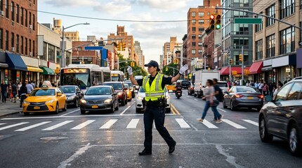 Fototapeta premium Police officer directing traffic on a busy city street with cars and pedestrians during the day
