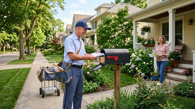 Friendly mail carrier delivering letters and packages to a suburban home with a woman receiving mail at her doorstep