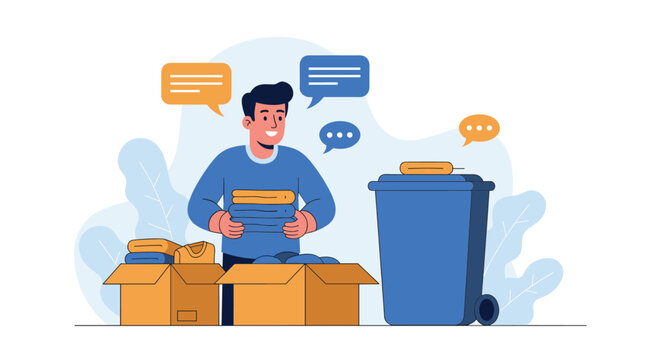 Man organizing his home by sorting clothes into donation boxes and a large trash bin for efficient decluttering.