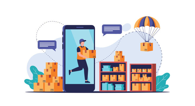 Logistic management and fast delivery service showing warehouse worker on phone and package arriving by parachute.