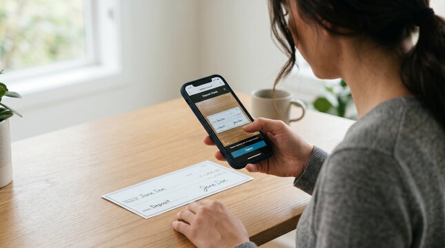 Woman using mobile banking app to deposit a check remotely by taking a photo with her smartphone at a wooden desk