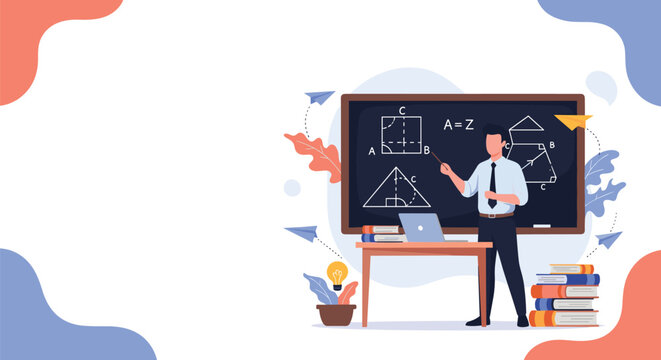 Professional male teacher explaining geometry and mathematical formulas on blackboard in classroom for educational success.