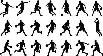 Basketball player silhouettes set showing various dribbling shooting and running positions © Mst Salma Khatun