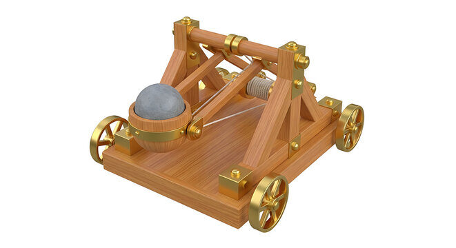 Wooden toy catapult siege engine model with catapult trebuchet miniature medieval projectile mechanism engineering strategy artillery conflict fortress military