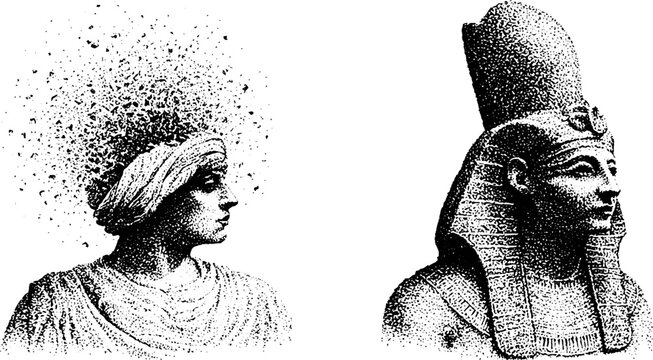 Classical portrait bust and pharaoh statue side by side studio